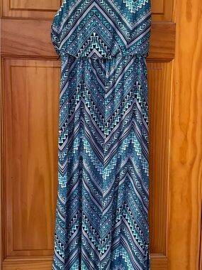 Three Hearts Girls' Chevron Maxi Dress in Teal, Navy, White